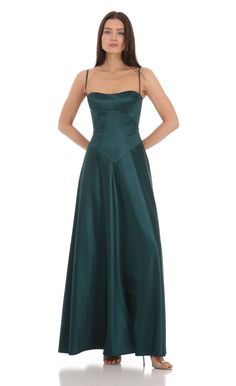 Satin Square Neck Maxi Dress in Green Berry Colored Dress, Long Cocktail Dress Classy, Dark Purple Maxi Dress, Ball Dresses Green, Long Green Formal Dress, Marine Corps Ball Dresses, Long Dark Green Dress, Blue Square Neck Dress, Senior Dresses