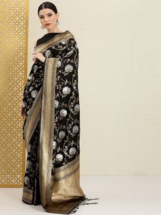 Black Silver and Golden Floral Etnic Motifs Zari Woven Saree - Inddus.com Black Sari, Designer Anarkali Suits, Saree Sale, Designer Anarkali, Wedding Saree Indian, Black Saree, Elegant Saree, Banarasi Saree, Saree Online