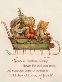 an old fashioned christmas card with two children in a sleigh