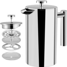 a stainless steel french press coffee maker and accessories