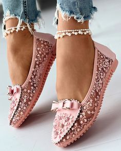 Floral Embroidery Bowknot Loafers Elegant Theme, Orthopedic Shoes, Lace Heels, Rhinestone Bow, Pointed Toe Heels, Pink Shoes, Style Chic, Outfit Casual, Loafers For Women