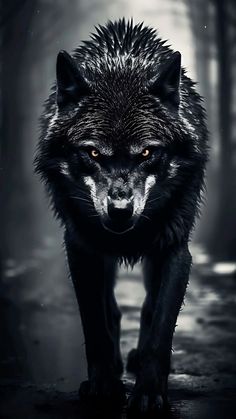 a black and white photo of a wolf walking in the dark woods with bright orange eyes