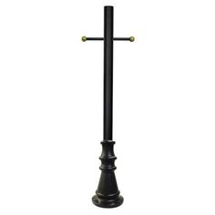 a black metal pole with a cross on it's top and two yellow handles