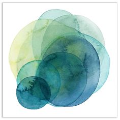 an abstract painting with blue, green and yellow circles