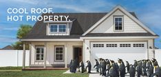 a group of penguins standing in front of a house with the words cool roof, hot property