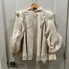 Japanese One Size, Brand New With Tags Condition Chic Cream Formal Top, Elegant Padded Blouse For Brunch, Elegant Cream Blouse For Brunch, Chic Beige Tops With Blouson Sleeves, Chic Padded Beige Blouse, Elegant Blouse With Blouson Sleeves For Day Out, Chic Cream Padded Blouse Tops, Chic Puff Sleeve Blouse For Brunch, Feminine Cream Top With Blouson Sleeves