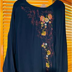 This Brand New Dark Navy Blouse Has Loose Fitting Long Sleeves With Beautiful Embroidery On Front. Blue Long Sleeve Blouse With Floral Embroidery, Blue Embroidered Long Sleeve Blouse, Navy Blouse, Beautiful Embroidery, Dark Navy, Color Blue, Loose Fitting, Long Sleeve Blouse, Long Sleeves