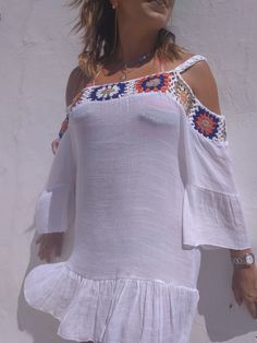 White Kaftan beach wear dress with colourful handmade crochet fits size small and medium For more information contact me by message For more products check my page Mykonosfashion.etsy.com Summer Crochet Cover-up For Vacation, White Crochet Beachwear Dress For Beach Party, White Crochet Dress For Summer Beach Party, Bohemian Summer Cover-up With Crochet Trim, White Summer Crochet Dress For Beach Party, White Beachy Crochet Dress For Beach, White Crochet Beach Dress For Summer, White Crochet Beach Cover-up Dress, White Crochet Dress For Beach Season