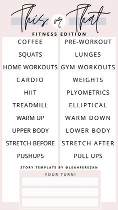 an exercise plan with the words'this or that'written in black ink on a pink background