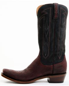 Suede leather cowhide. 12" shaft height. Single stitch. Leather outsole. Welt construction. Snip toe. Western heel. Wine vamp with black shaft. Luchesse Boots, Cowboy Chic, Lucchese Boots, Mens Cowboy, Mens Cowboy Boots, Harness Boots, Western Boot, Stitching Leather, Boots For Sale