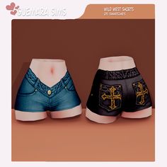 two women's shorts with gold crosses on them, one is black and the other is blue