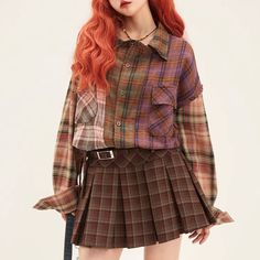 Z-218-12 Multicolor Patchwork Shirt For Fall, Plaid Patchwork Tops For Workwear, Long Sleeve Patchwork Blouse For Fall, Multicolor Long Sleeve Blouse For Layering, Brown Patchwork Shirt For Fall, Casual Brown Patchwork Blouse, Casual Button-up Patchwork Blouse, Brown Patchwork Long Sleeve Blouse, Plaid Long Sleeve Blouse With Ruffles