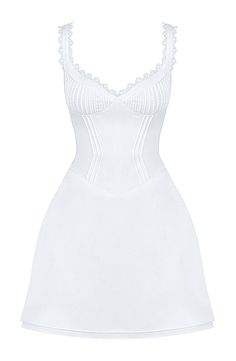 Lace Trim Bustier A Line Dress White DESIGN: Colour: White V-neck Sleeveless Bustier detail A-line design Pleated detail Structured design Concealed zipper at back Body sculpting design Gentle Dry Clean Only Length: Mini. Above knee MATERIAL: Silk + Polyester + Spandex High quality durable fabric. Delicate sewing and hemming by durable needle lockstitch machine. YKK zipper (known as the most durable and reliable zippers manufactured today). To maintain the beauty of your gartment, please follow the care instructions on the attached label. Colour may vary due to lighting on images. The product images (without model) are closest to the true colour of the item.     * Order one size up for a relaxed fit. * Pay special attention on measurements to ensure proper fit. * If you are Celebrity Inspired Dresses, White Pin, House Of Cb, Inspirational Celebrities, White Dress Summer, Line Dress, Body Sculpting, Corset Style, Inspired Dress