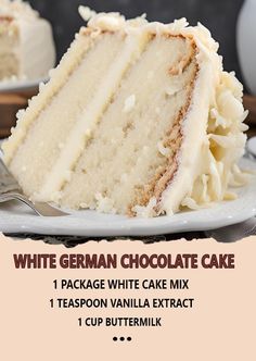 a piece of white cake on a plate with the words, white german chocolate cake