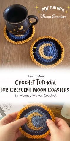 two crocheted coasters with the title how to make crescent moon coasters