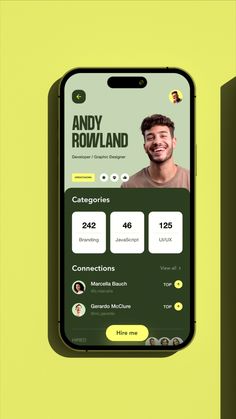 an iphone screen with the name andy rowland on it, next to a yellow background