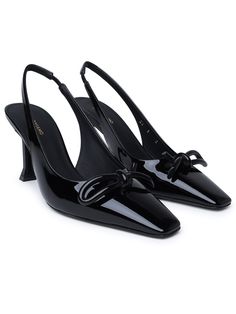 Bow appliqué, elastic strap\n Heel height 8 cm Composition: 100% calfskin leather | Ferragamo Women's Black Patent Leather Sling Back | SS24 Heels Classy, Ferragamo Shoes, Crossbody Tote, Pumps Flat, Sling Back, Dream Shoes, Black Patent Leather, Boot Sandals, Clutch Handbag