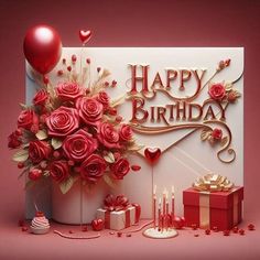 a happy birthday card with roses and gifts