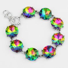 • Color : Silver / Vitrail Medium • Size : 5/8" H, 8" + 1" L • Glass Stone • Round Glass Link Bracelet Iridescent Bracelet For Party, Round Glass Jewelry For Parties, Round Glass Party Jewelry, Multicolor Round Jewelry With Lobster Clasp, Silver Glass Bracelets For Party, Nickel-free Rainbow Jewelry For Party, Multicolor Round Crystal Bracelet, Multicolor Crystal Round Bracelets, Iridescent Round Glass Jewelry