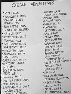 the oregon adventures list is shown in black and white