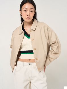 Editor's NoteIt is a cotton jacket with a moderately relaxed fit and blouson-like silhouette. As a sustainable eco-friendly material, it has a smooth and soft fiber structure, so it is less irritating to the skin.- Create a feminine mood by rolling the collar line round- Using the point button on the neck, it can be produced in various ways depending on the closure.- Banding is put in the hem to produce a stable fit.Measurements (in.)ONE SIZE (XS-M)- Length: 22.83 in.- Shoulder from center back: 32.87 in.- Chest:23.62 in.- Hem: 16.93 in.- Sleeve Hem: 4.33 in.*Size may vary 0.4 in. ~ 1.18 in. depending on measurement method, model wearing size / object and production characteristics.*Model size: Height 5'54 / 49kgComposition & Care- 55% Cotton, 45% LyocellDesigner- by PLAC Classic Cotton Windbreaker For Work, Classic Outerwear With Ribbed Collar And Relaxed Fit, Classic Relaxed Fit Outerwear With Ribbed Collar, Cotton Windbreaker For Workwear In Fall, Cotton Windbreaker For Fall Workwear, Beige Cotton Windbreaker, Beige Cotton Long Sleeve Windbreaker, Khaki Cotton Cropped Jacket For Work, Beige Cotton Cropped Jacket For Work