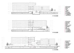 three diagrams showing the various sections of a building with different floors and walls, including two levels