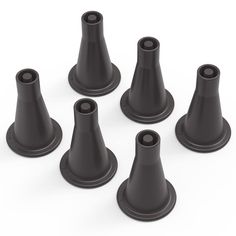 six black plastic cones are shown on a white background