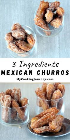 3 ingredients for mexican churros in small glass bowls with text overlay that reads, 3 ingredients for mexican churros