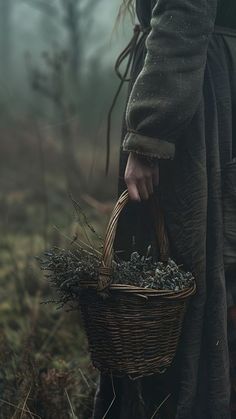 a person holding a wicker basket full of leaves in the woods on a foggy day