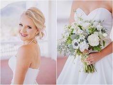 a woman in a wedding dress holding a bridal bouquet and smiling at the camera