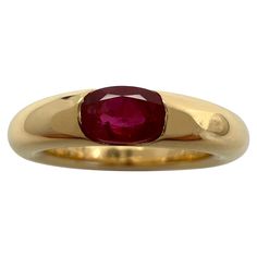 Vintage Cartier Deep Red Ruby 18k Yellow Gold Solitaire Ring. Stunning yellow gold ring set with a fine deep red ruby. Fine jewellery houses like Cartier only use the finest of gemstones and this ruby is no exception. An excellent quality ruby with fine colour and a very good oval cut. Measures 6x4mm approx. The ruby has some small natural inclusions but still a clean stone. The ring is signed Cartier 750 with serial numbers and a French eagle hallmark. Ring size UK J - US 5 - EU 49 - Some resizing is possible. This has been professionally polished and cleaned to excellent condition. Very bright and shiny. Ring weighs 8.7g. Comes with original Cartier ring box. Yellow Gold Solitaire Ring, Solitaire Bands, Yellow Gold Solitaire, Gold Solitaire Ring, Gold Ring Sets, Red Ruby, Cartier Ring, Yellow Gold Ring