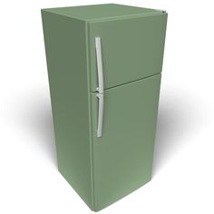 a green refrigerator freezer sitting on top of a white floor