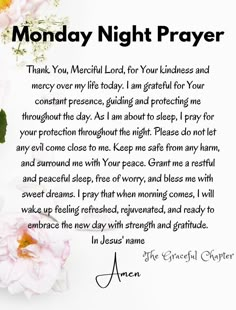 a poem written in front of pink flowers with the words monday night prayer on it