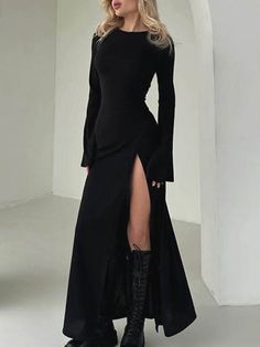 Long Sleeves Loose Asymmetric Solid Color Split-Joint Split-Side Round-Neck Maxi Dresses BLACK-M Edgy Maxi Dress For Night Out, Solid Color Party Dress With Split Hem, Solid Color Dress With Split Hem For Party, Black Stretch Dress With Split Hem, Black Maxi Dress With Split Hem For Night Out, Black V-neck Dress With Split Design, Black Maxi Dress With Side Slits For Fall, Black Fitted Dress With Split Hem, Fitted Black Dress With Split Hem