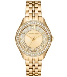 From Michael Kors&#x2C; the Women's Harlowe Three-Hand Analog Gold-Tone Stainless Steel Bracelet Watch features:Gender: womenDial: gold or silverCase Size: approx. 38mmCase Thickness: approx. 8.9mmWater Resistance: 5 ATMMovement: three-handBand Material: stainless steelBand Color: gold or silverBand Width: approx. 18mmInner Circumference: 175 /- 5mmClosure: 2 pusher foldover claspIm Bezel Bracelet, Crystal Watches, American Fashion, Analog Watch, Girly Stuff, Watch Model, Stainless Steel Watch, Luxury Accessories, Leather Band