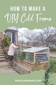 a woman standing in front of a pool with the words how to make a diy cold frame