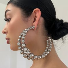 The Large Chrome Beaded Hoops – BERNA PECI JEWELRY Silver Jewelry With Round Beads For Fashion, Elegant Hoop Beaded Earrings For Party, Trendy Round Beaded Earrings For Parties, Elegant Beaded Hoop Earrings For Party, Large Beads Earrings For Party, Large Beads Party Earrings, Party Earrings With Large Beads, Elegant Polished Beads Earrings For Party, Elegant Party Earrings With Polished Beads