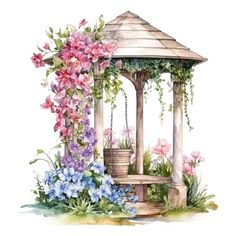 a watercolor painting of flowers and a gazebo