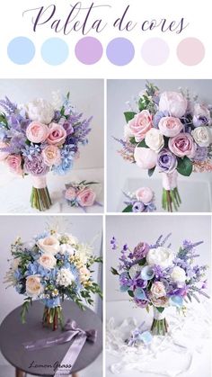 a collage of photos with different flowers and colors on them, including lavenders