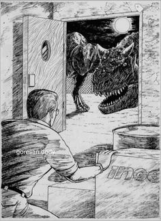 a drawing of a man looking at a dinosaur that is in an open door to another room