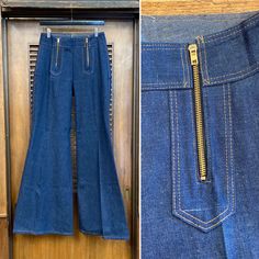 Vintage 1970's -Deadstock- w30 Mega Flare Mod Glam Disco Dark Denim Jeans, Bell Bottoms, Zipper Detail. No Size Tag. Please check the measurements below.  Very good condition.   No Label.  Original 1970's.  Large flare bell bottom jeans with great double zipper feature.   All Sales Final.   Please ask any questions before purchase.   Take a look at our Store for more Vintage Clothing - VintageOnHollywood.   MEASUREMENTS  Waist: 30" Inseam: 33 1/2" Full Outer Length: 45" Leg Opening: 14" Rise: 11 Jeans Bell Bottoms, Glam Disco, 1970s Jeans, 70s Denim, Denim Inspiration, Vintage Elephant, Zipper Jeans, Bottom Jeans, Dark Denim Jeans