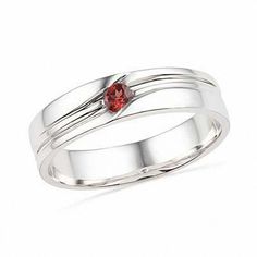 Sleek and modern, this men's birthstone ring was designed to be as handsome as he is. Expertly crafted in fine sterling silver, this wide band features curved grooved detailing. At the center of the style, a 3.0mm regal red garnet, the traditional birthstone for those born in January, offers subtle shimmer. An elegant look he'll turn to often, this ring is finished with a bright polished shine. Custom made to fit his ring size. Sterling silver rings cannot be resized after purchase. His Ring, Modern Silver Jewelry, Dressy Attire, Sterling Silver Garnet Ring, Gold Pendant Jewelry, Peoples Jewellers, Silver Jewelry Design, Sterling Silver Engagement Rings, Gold Diamond Jewelry