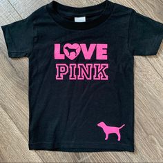 Black T-Shirt With Pink Sparkle Love Pink Design To Front. Cute Black T-shirt With Text Print, Cute Pre-shrunk Black T-shirt, Cute Black Pre-shrunk T-shirt, Girl M, Pink Sparkle, Pink T Shirt, Girls Love, Pink Design, Pink Tshirt