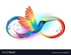 a colorful bird with swirls flying in the air