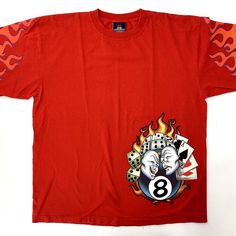 Vtg Jnco Tee Fast Shipping! Vintage '90s Jnco Short Sleeve T-Shirt Red Tee With Flame Graphics On Sleeves And 8-Ball, Dice, Flame, Playing Cards And Mask Graphic On Lower Front A Jnco Grail! Rare Tee In Excellent Condition. 100% Cotton -Made In Usa Size 2xl Chest 25" (Armpit To Armpit) Length 30" Very Good Condition. A Light Spot On Front And Back. Graphics Look Excellent. Fast Shipping! Retro Red Shirt For Streetwear, 90s Red Shirt For Streetwear, 90s Red Streetwear Shirt, Flame Graphics, Orange Graphic Tee, Vintage Surfwear, 90s Rave, Orange Graphic, Graphic Tee Vintage