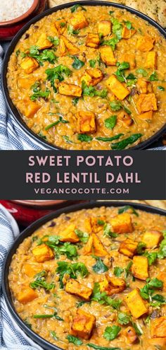 sweet potato and red lentil dali is served in two black pans with garnishes on top