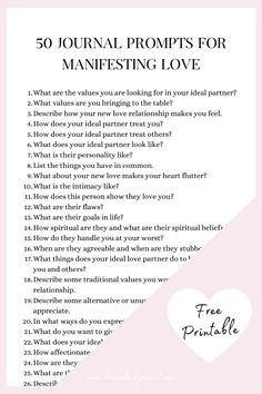 a pink and white poster with the words 50 journal prompts for manening love