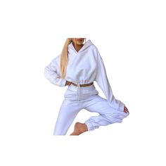 2 Piece Crop Hoodie and Jogger Pants Women White Athleisure Sweatshirt For Jogging, White Athleisure Hoodie With Drawstring, White Casual Hoodie For Jogging, White Long Sleeve Activewear For Leisure, White Sportswear Hoodie For Leisure, Hoodie Tracksuit With Drawstring For Loungewear, Hooded Tracksuit With Drawstring For Loungewear, Drawstring Hoodie Tracksuit For Loungewear, White Sweats With Drawstring Hood For Loungewear