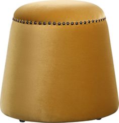 a yellow stool with black beads on the top and bottom, sitting in front of a white background