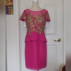 Holiday Price Drop .Beautiful Special Occasion/ Holiday/ Office Party Dress. Hot Pink, Gold Applique, Sheer Upper Body, Hidden Back Zipper. Lined, Self Bra, No Stretch. Nwt Fits 10/12 Best. Smoke Free, Pet Free Home. Your Purchased Will Be Packed In A Clean Sanitized Environment. Thanks For Shopping! Festive Pink Ruffled Dress, Festive Peplum Dress With Ruffles, Festive Ruffled Peplum Dress, Pink Short-sleeved Evening Dress For Wedding, Pink Sleeveless Mother Of The Bride Dress For Wedding, Sleeveless Pink Mother Of The Bride Dress For Wedding, Pink Short Sleeve Evening Dress For Wedding, Pink Summer Evening Dress For Wedding, Pink Summer Wedding Evening Dress